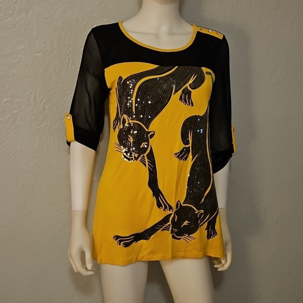 Vtg SHARIF 1827 Couture Yellow Sequin Panther Design Mesh Top - Picture 2 of 12